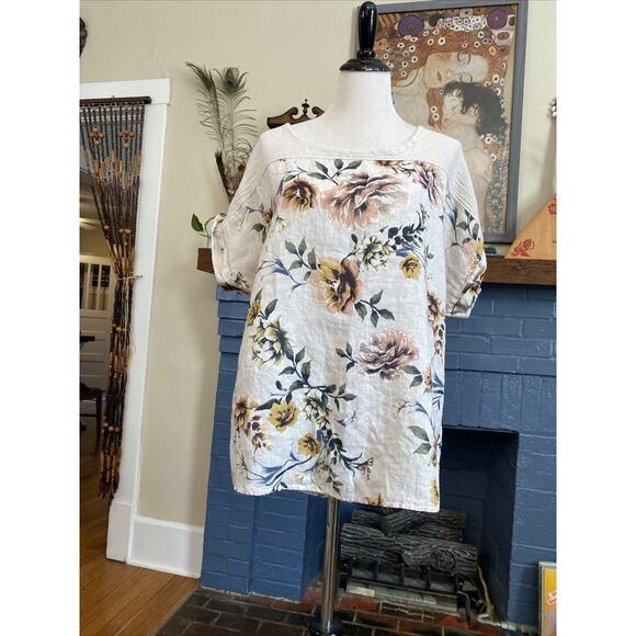 Lungo Larno Floral Linen Top Size 1X Cap Sleeve Lightweight Boho XL Lagenlook - Picture 6 of 13
